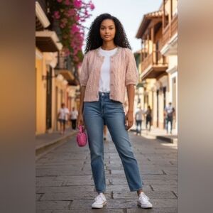 CeCe Tan Knit Cardigan with Embellished Collar